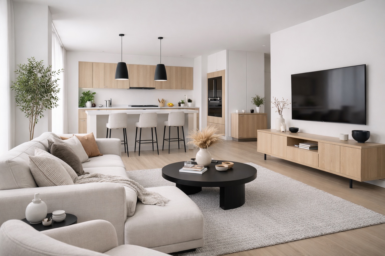Beispiel Innenausstattung, offenes Wohnzimmer mit Küche